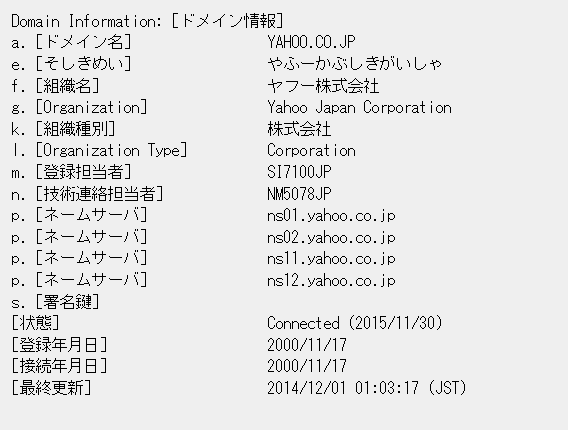 Yahooのドメイン契約情報